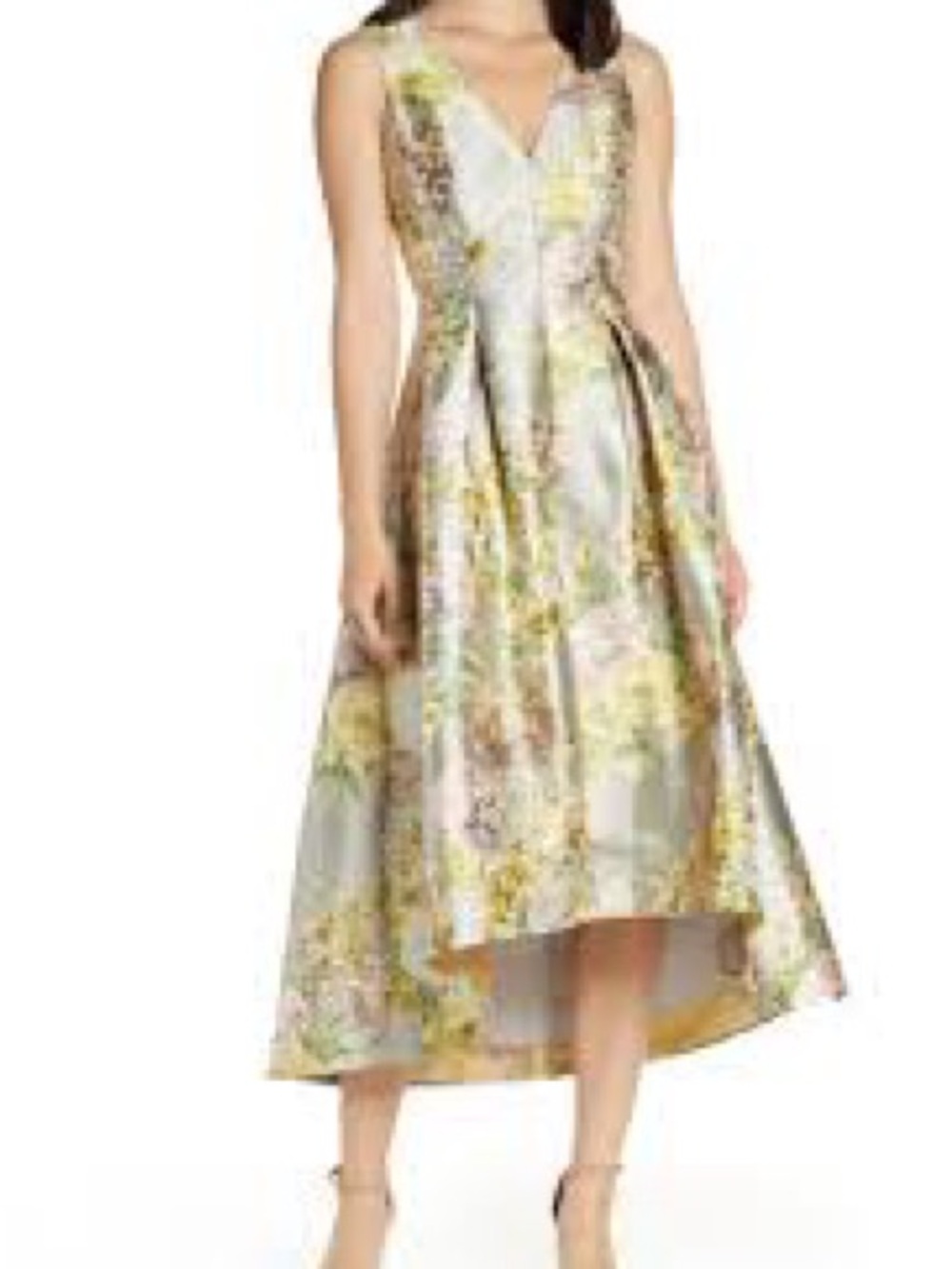 Eliza J Yellow and Silver Floral High-Low V-Neck Maxi Dress